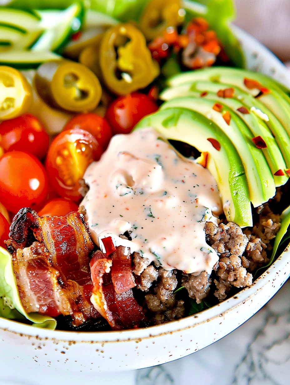 Low-carb burger bowl with beef and avocado