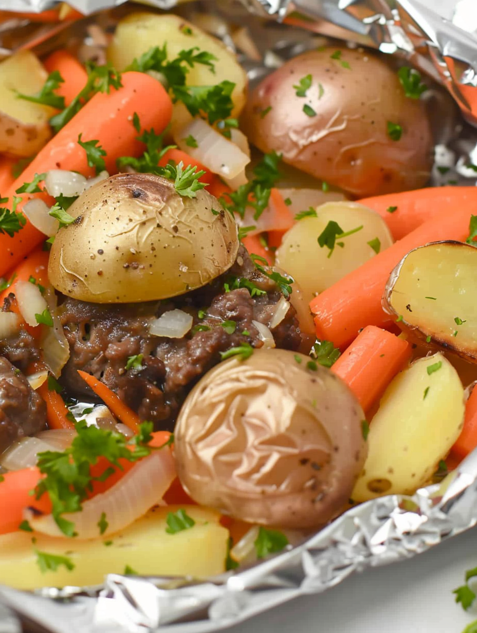 Unwrapped foil packet revealing cooked beef and vegetables