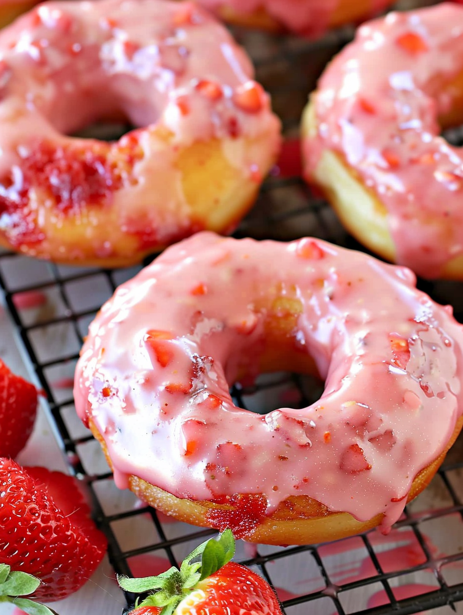 Strawberry glaze being spooned over a doughnut