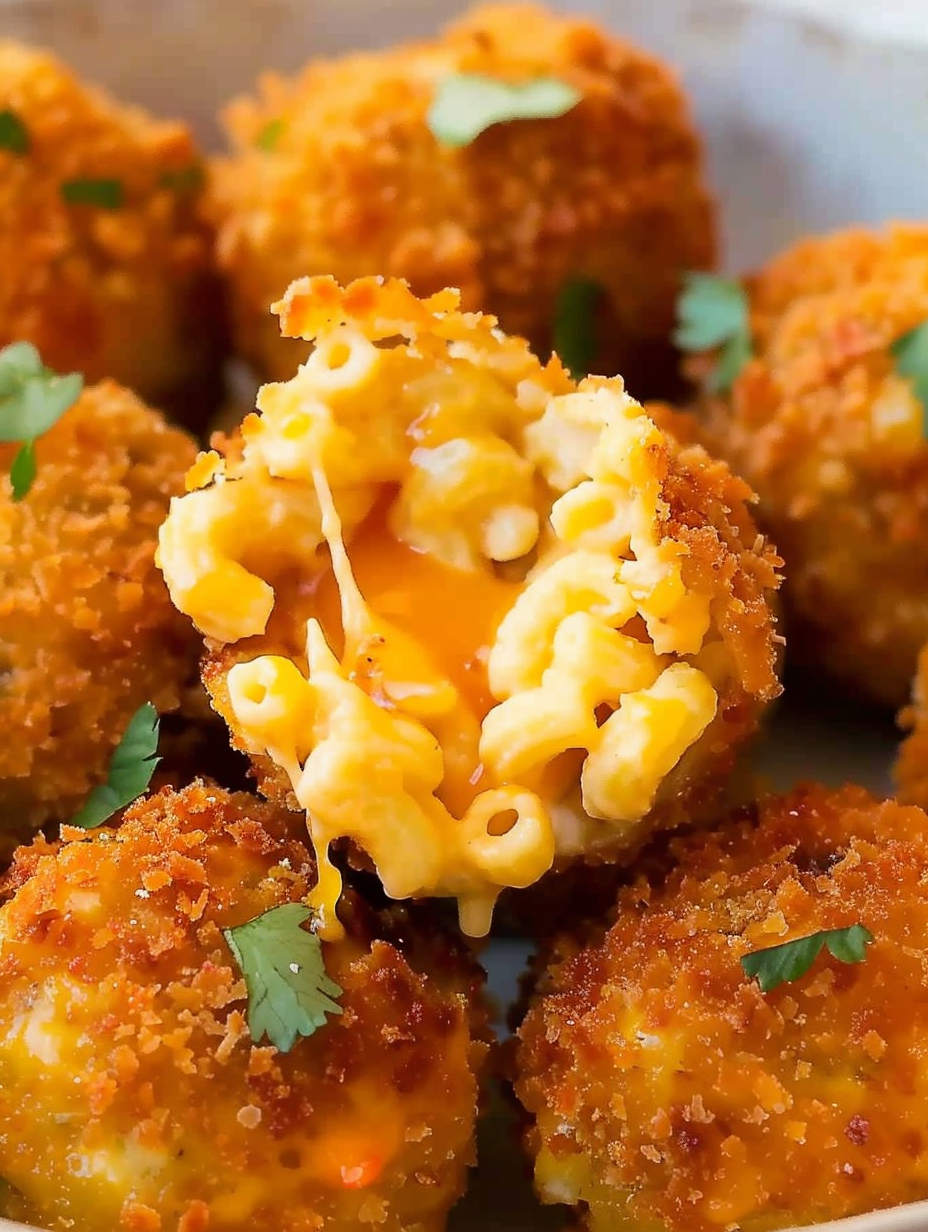 Close up of golden mac and cheese balls
