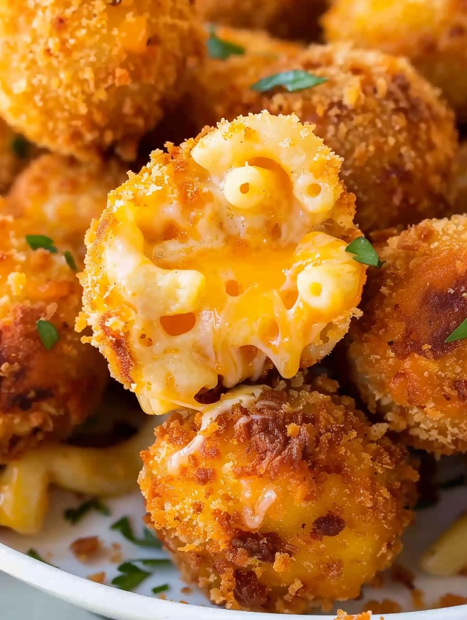 Serving platter with mac and cheese balls and dipping sauces