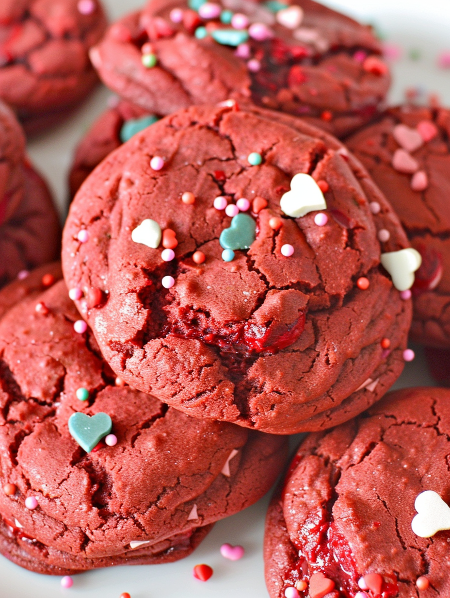 Stack of red velvet cake mix cookies with sprinkles
