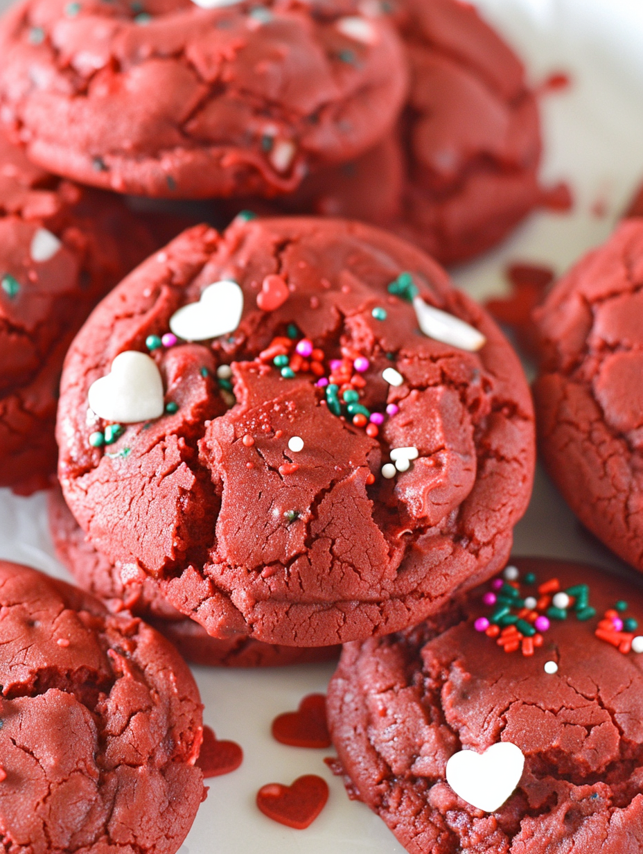 Close up red velvet cookie topped with sprinkle hearts