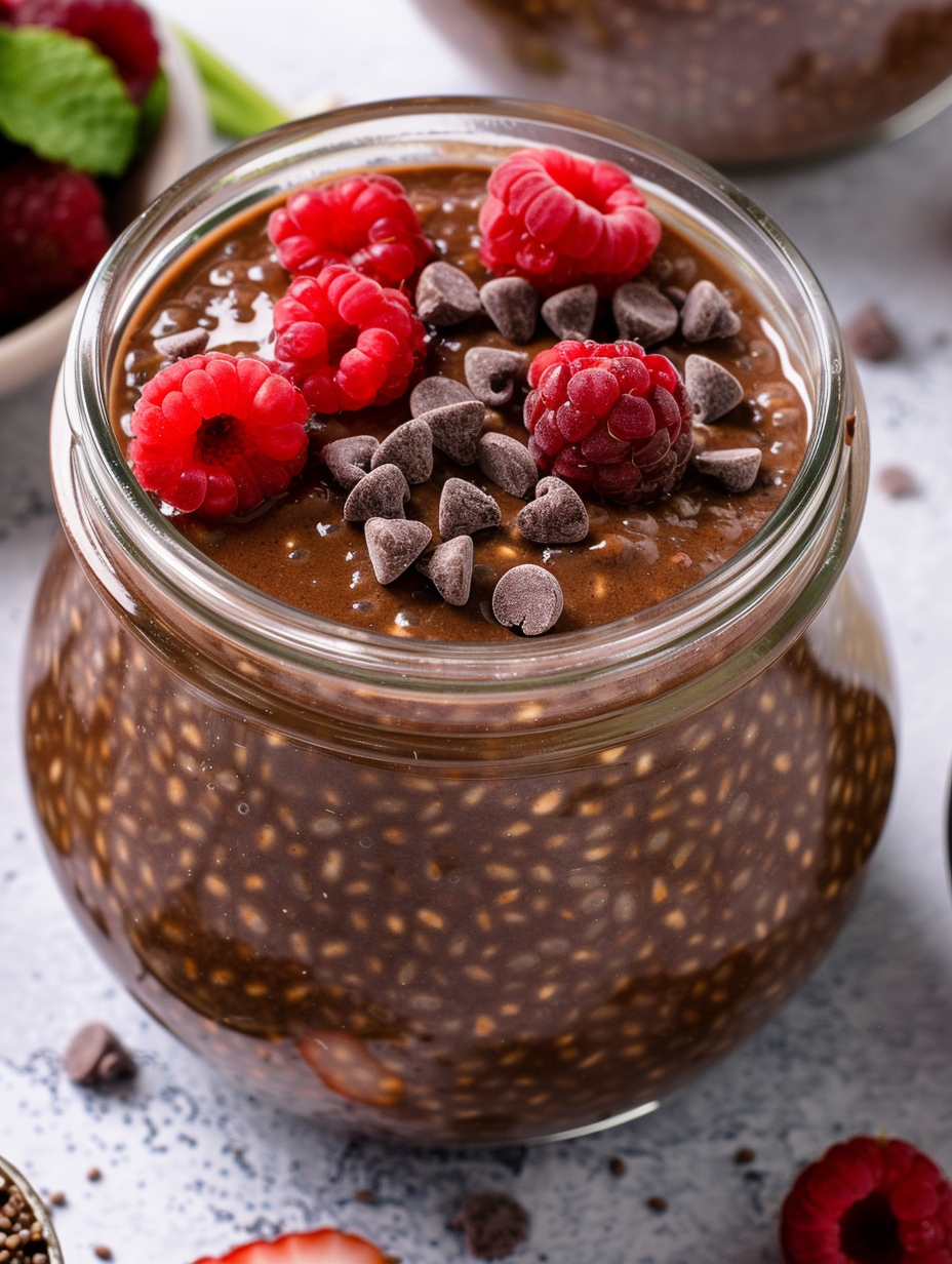 Two jars of chocolate chia pudding with coconut and berries