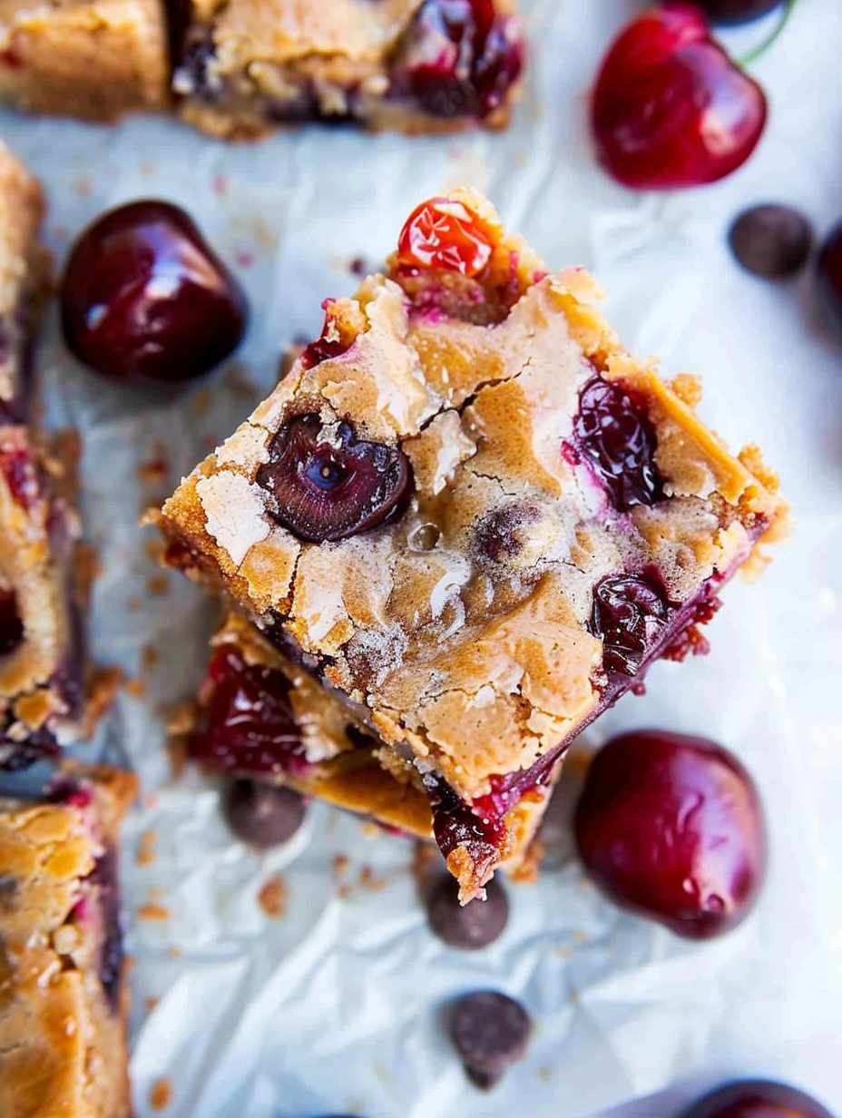 Baked chocolate chip cherry bars cooling in a pan