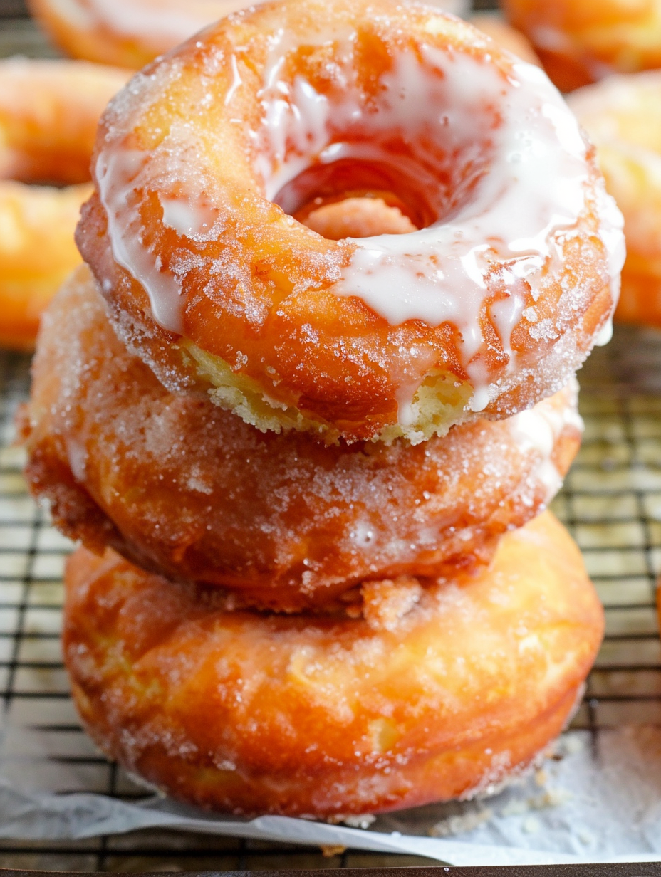 Freshly fried sour cream donuts on a cooling rack