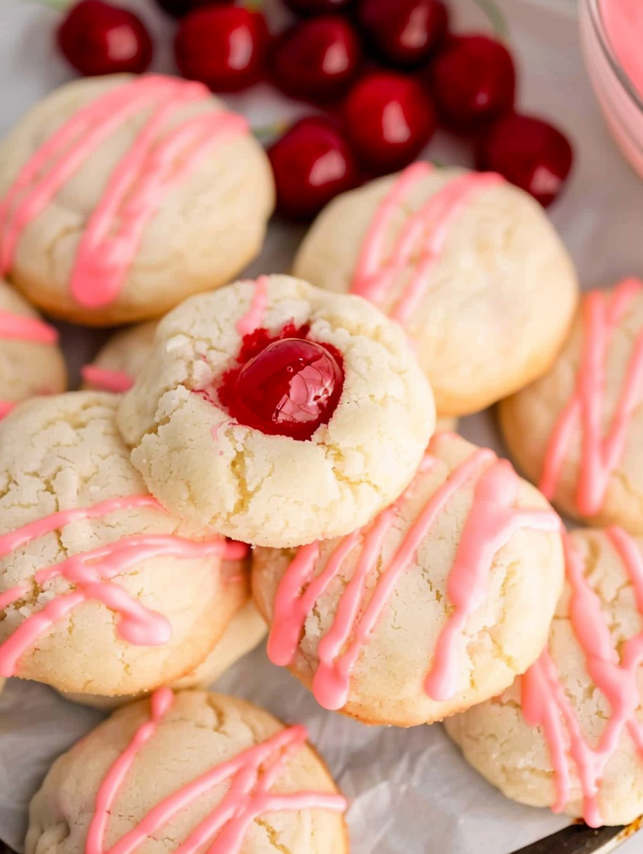 Cherry icing drizzle on shortbread