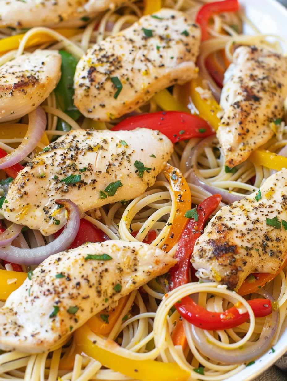 Chicken scampi in skillet with peppers and pasta