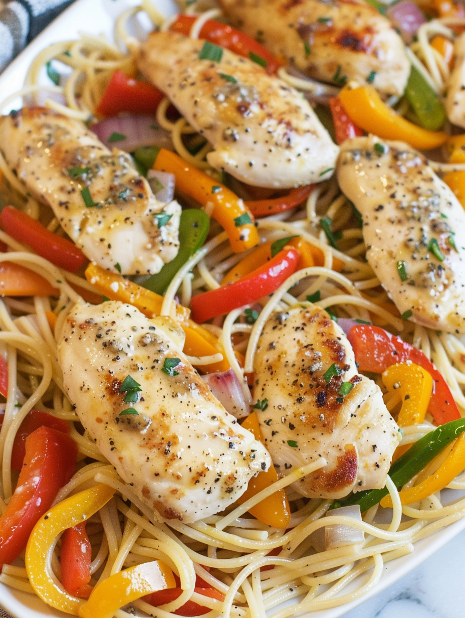 Close up of pasta with chicken and colorful peppers