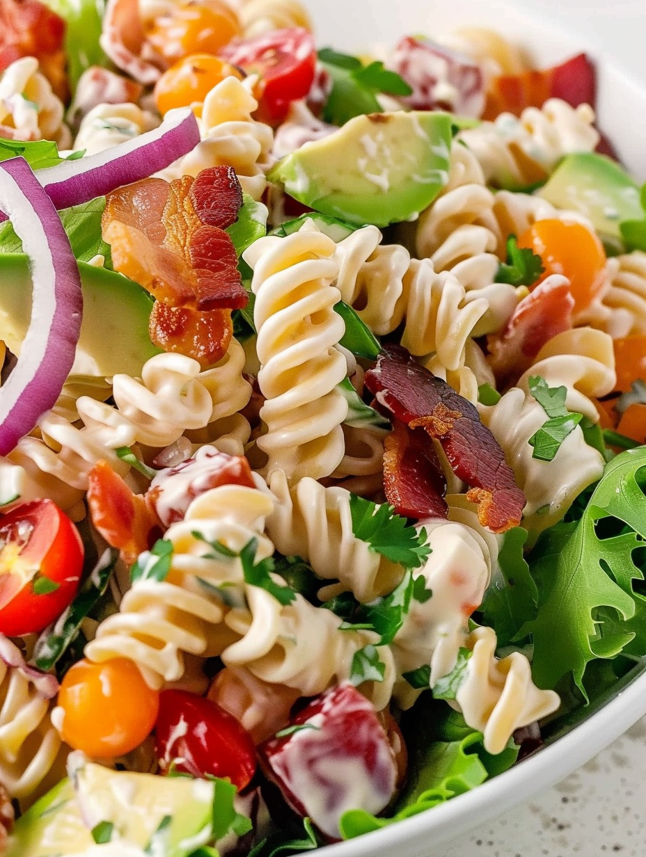 BLT pasta salad close up with bacon and tomatoes