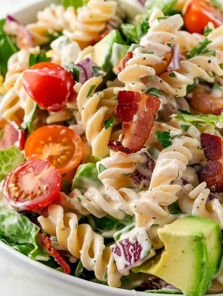 Serving bowl of BLT pasta salad with parsley garnish