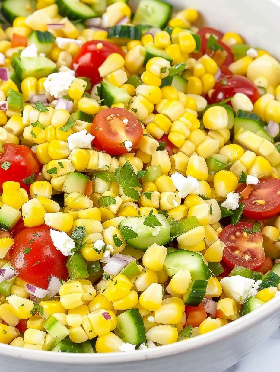 Bright corn salad in a bowl with cucumbers and tomatoes