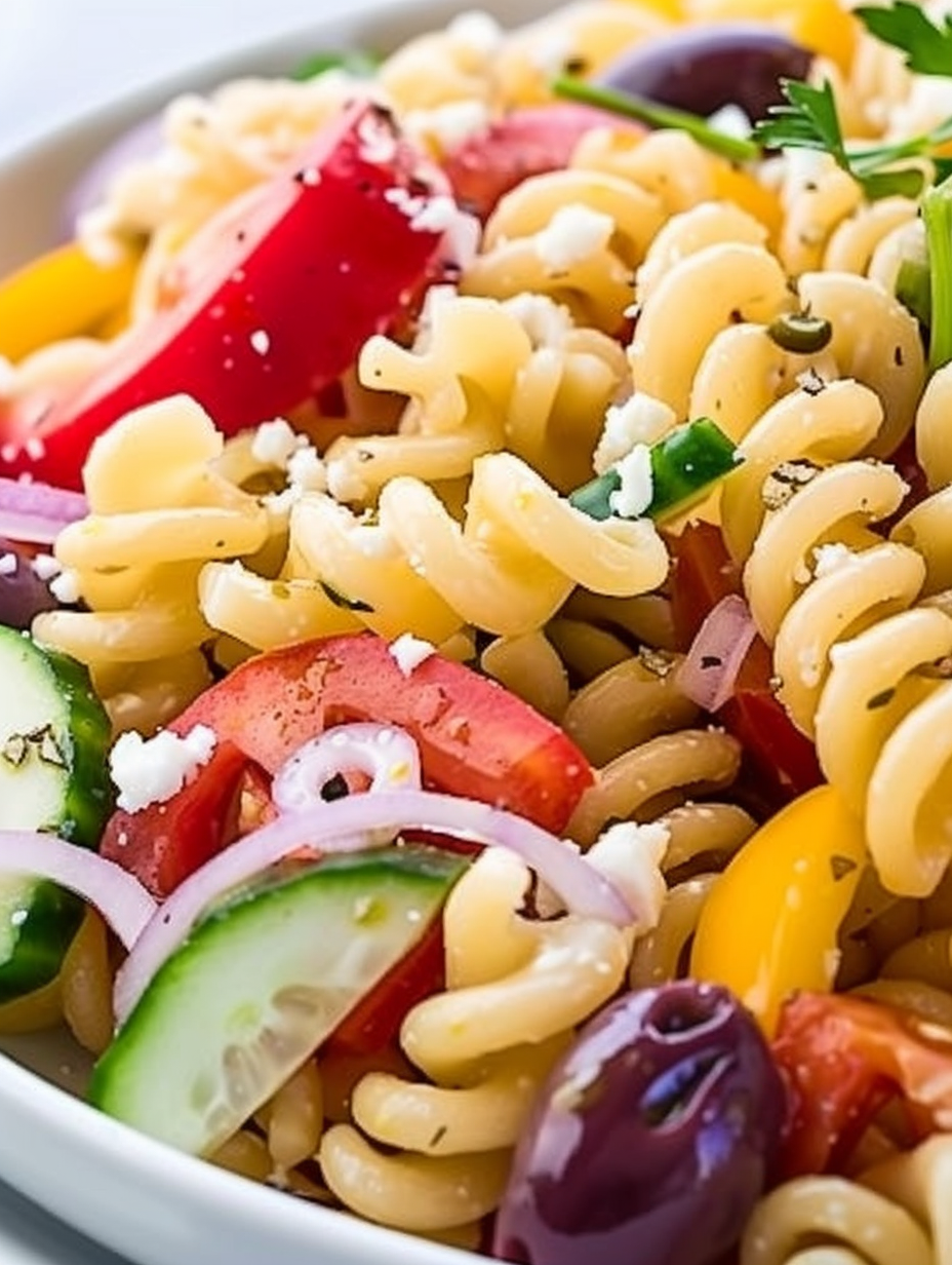 Close up of Greek pasta salad with colorful vegetables and feta