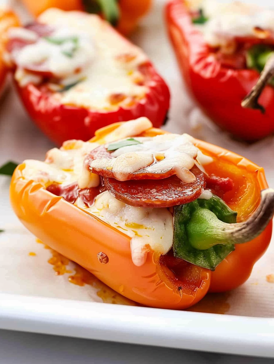 Mini pepper pizzas on a baking sheet with melted cheese