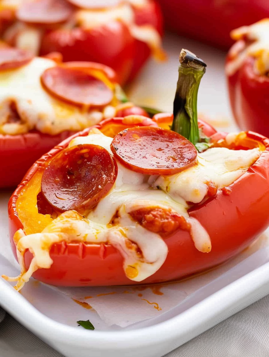 Close-up of a halved mini pepper filled with sauce, cheese and pepperoni