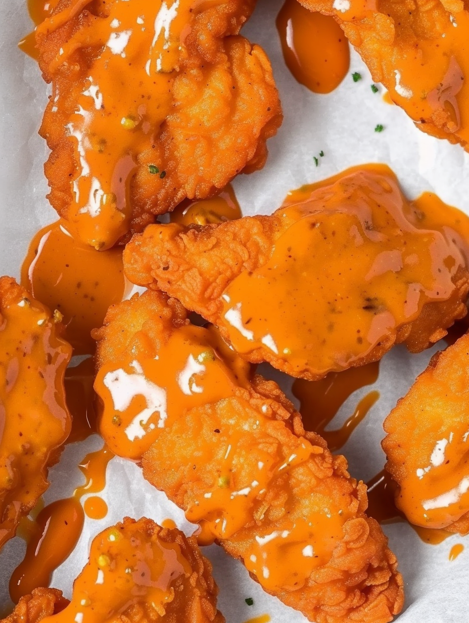 Serving platter with buffalo tenders and dipping sauce