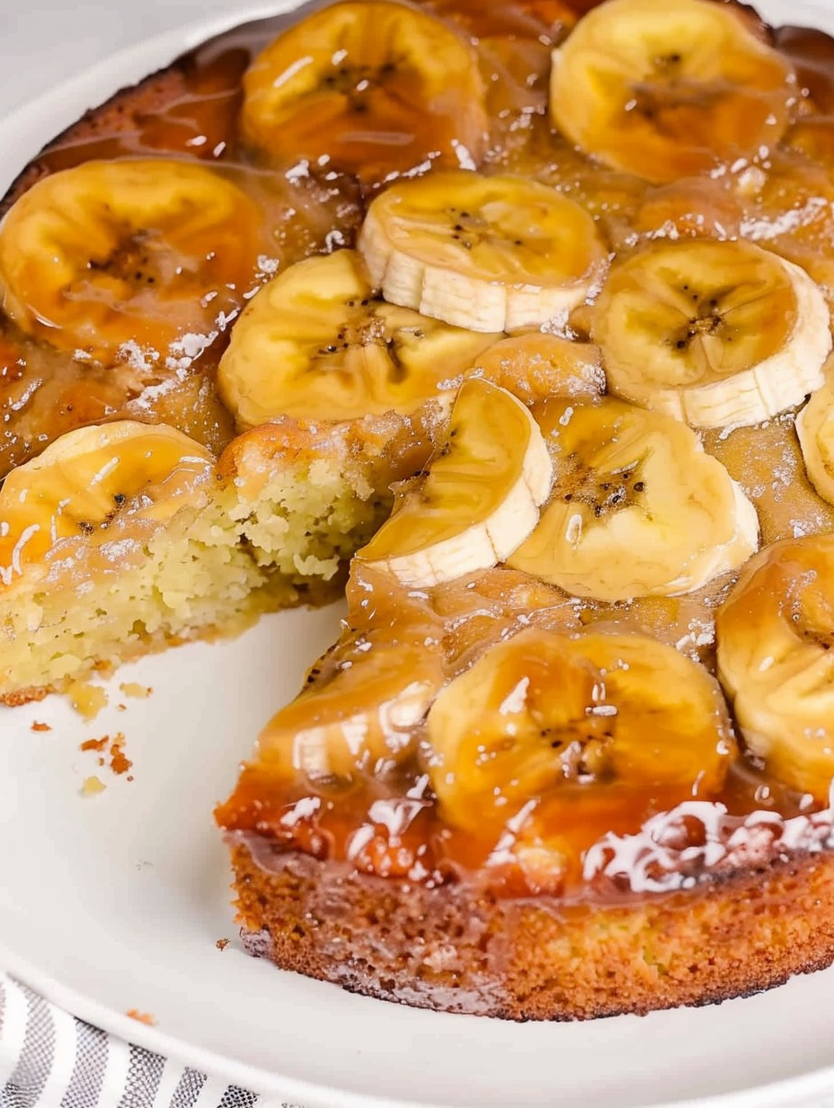 Banana upside down cake with caramelized banana topping