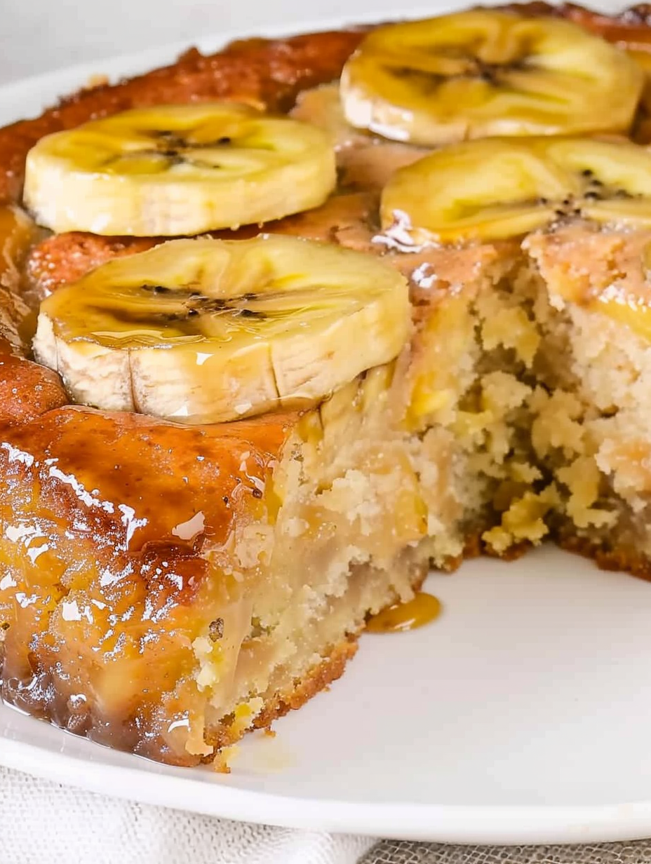 Sliced banana upside down cake on a serving plate