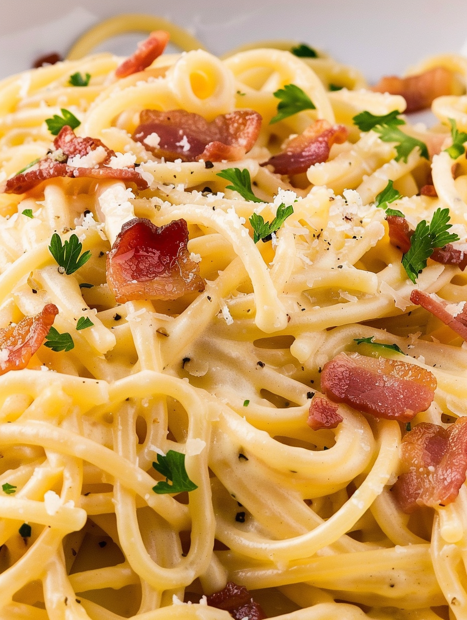 Finished carbonara tossed in a bowl topped with crispy bacon and grated cheese