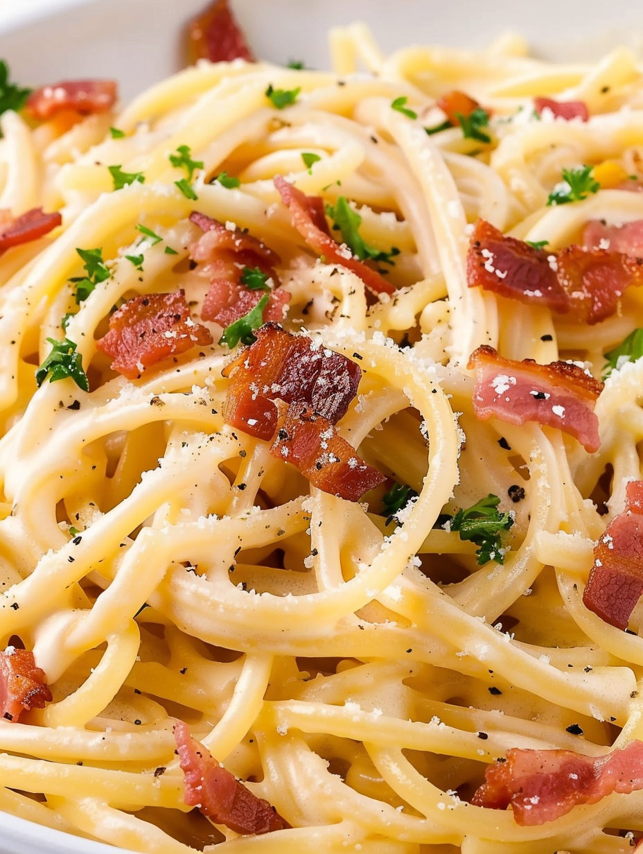 Ingredients laid out for carbonara: eggs, cheese, bacon, pasta