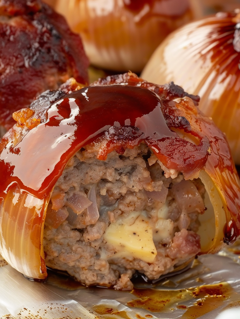 Close-up of bacon-wrapped onion bomb being glazed