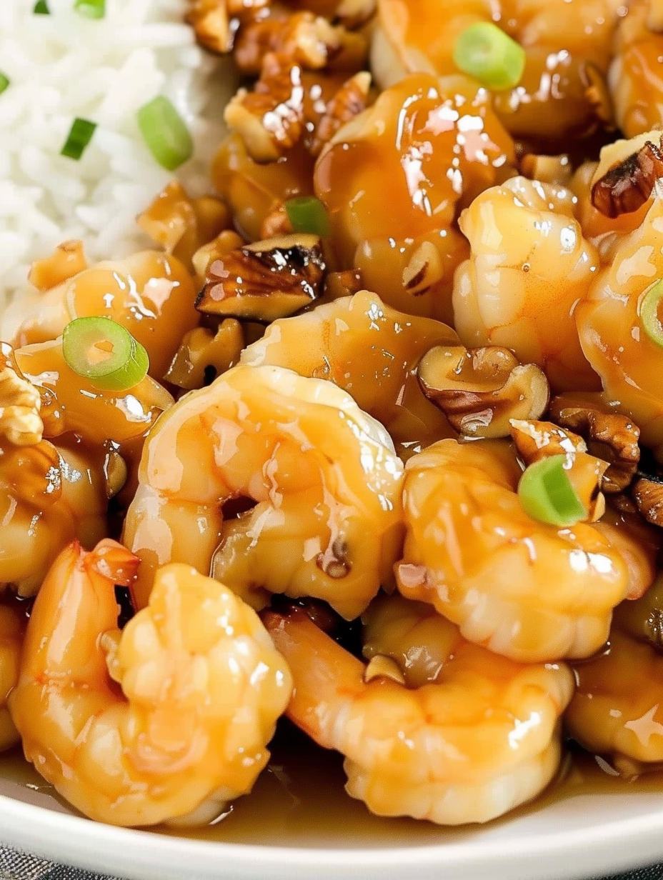 Honey walnut shrimp plated with scallions