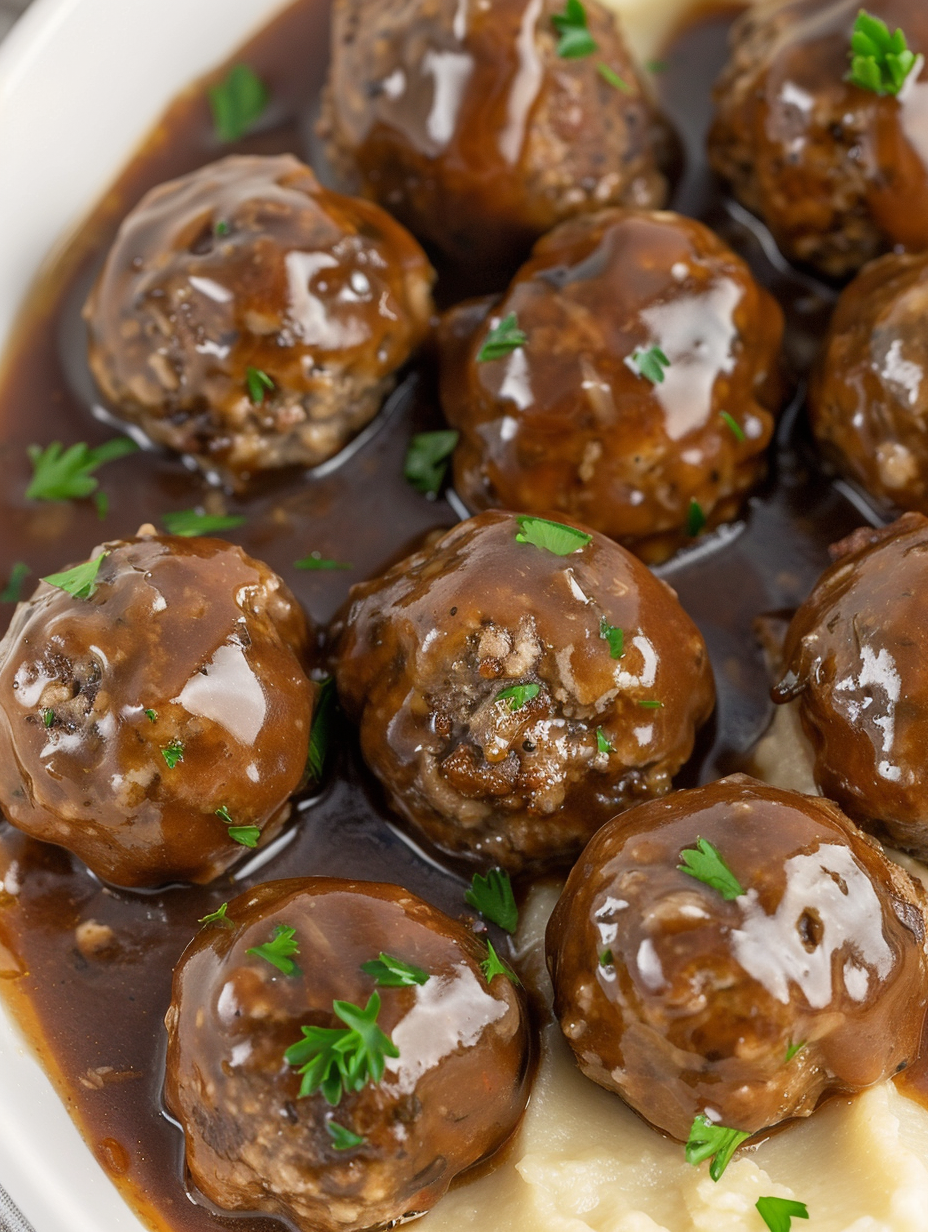 Close-up of meatballs with gravy and parsley