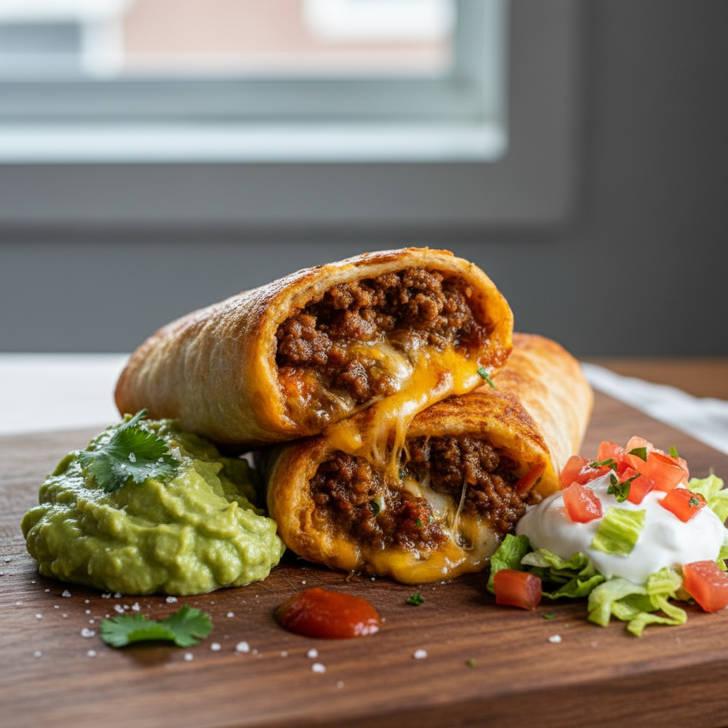 finished beef and cheese chimichangas on a plate