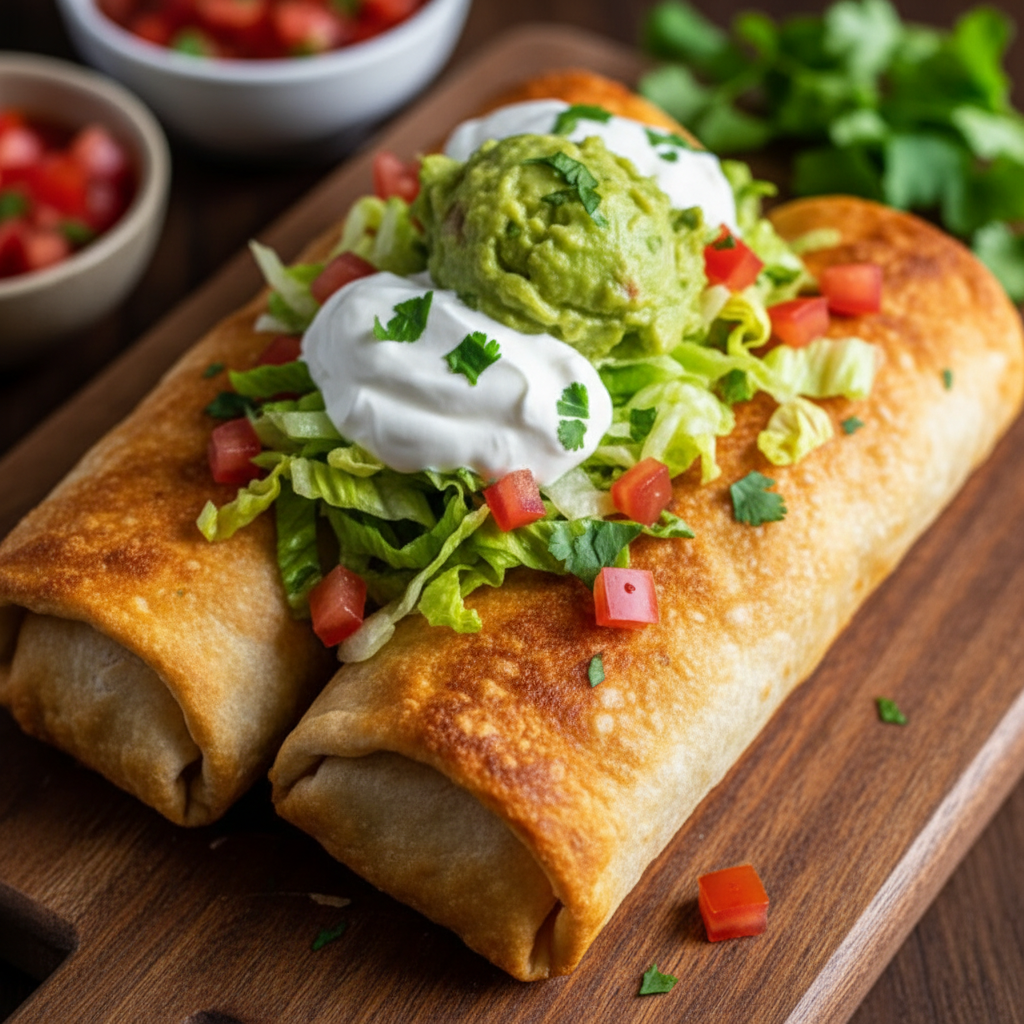 stack of chimichangas with garnish