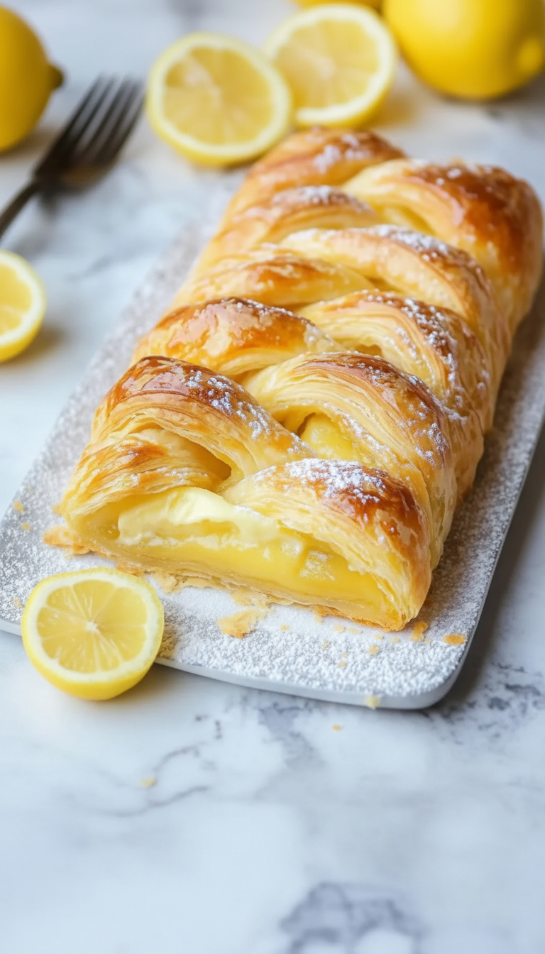 Close-up front view of lemon cream cheese puff pastry braid