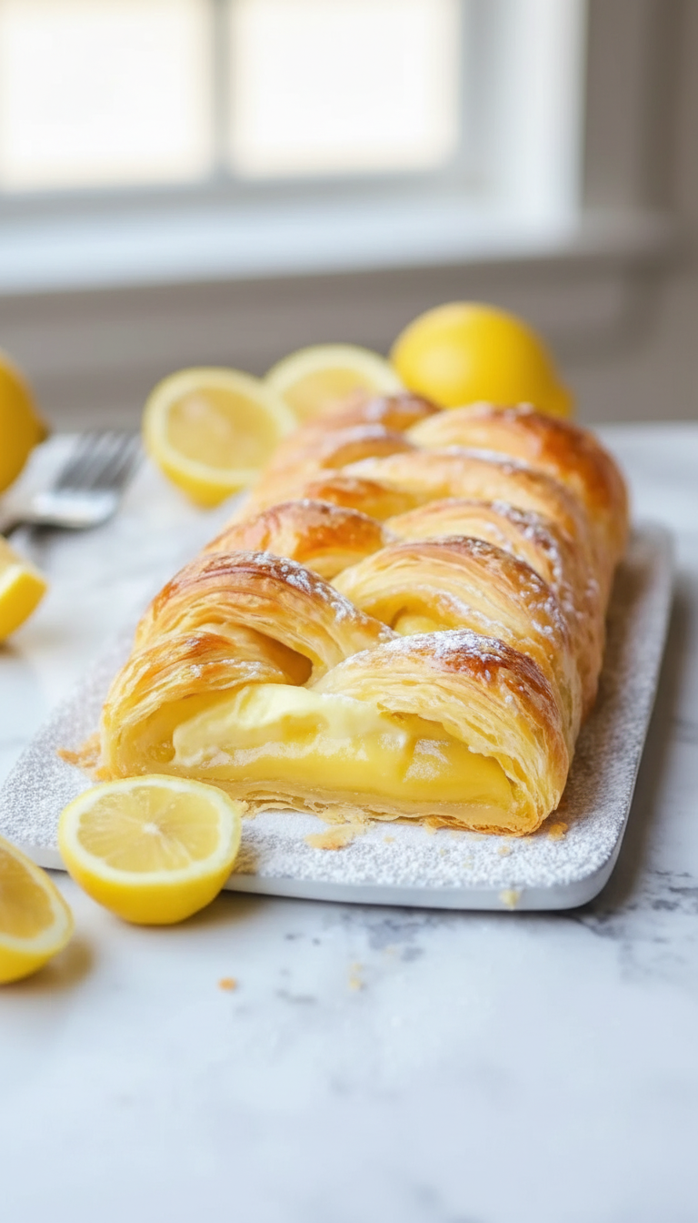 Top view of braided lemon pastry on parchment