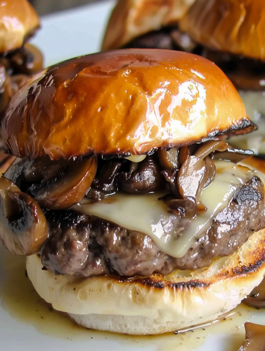Sautéed mushrooms spooned over a grilled Swiss-topped burger