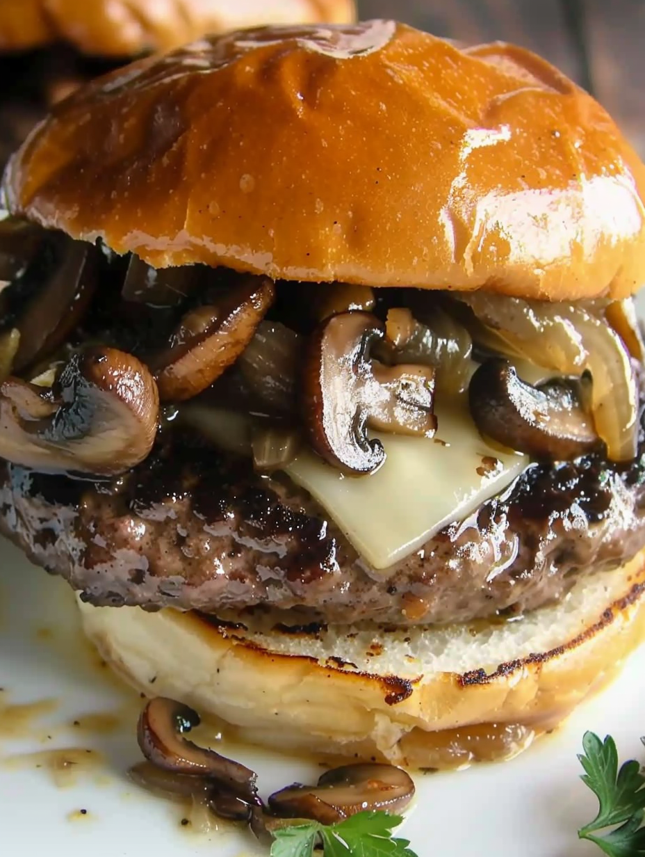 Grilled Mushroom Swiss Burgers plated with buns and toppings