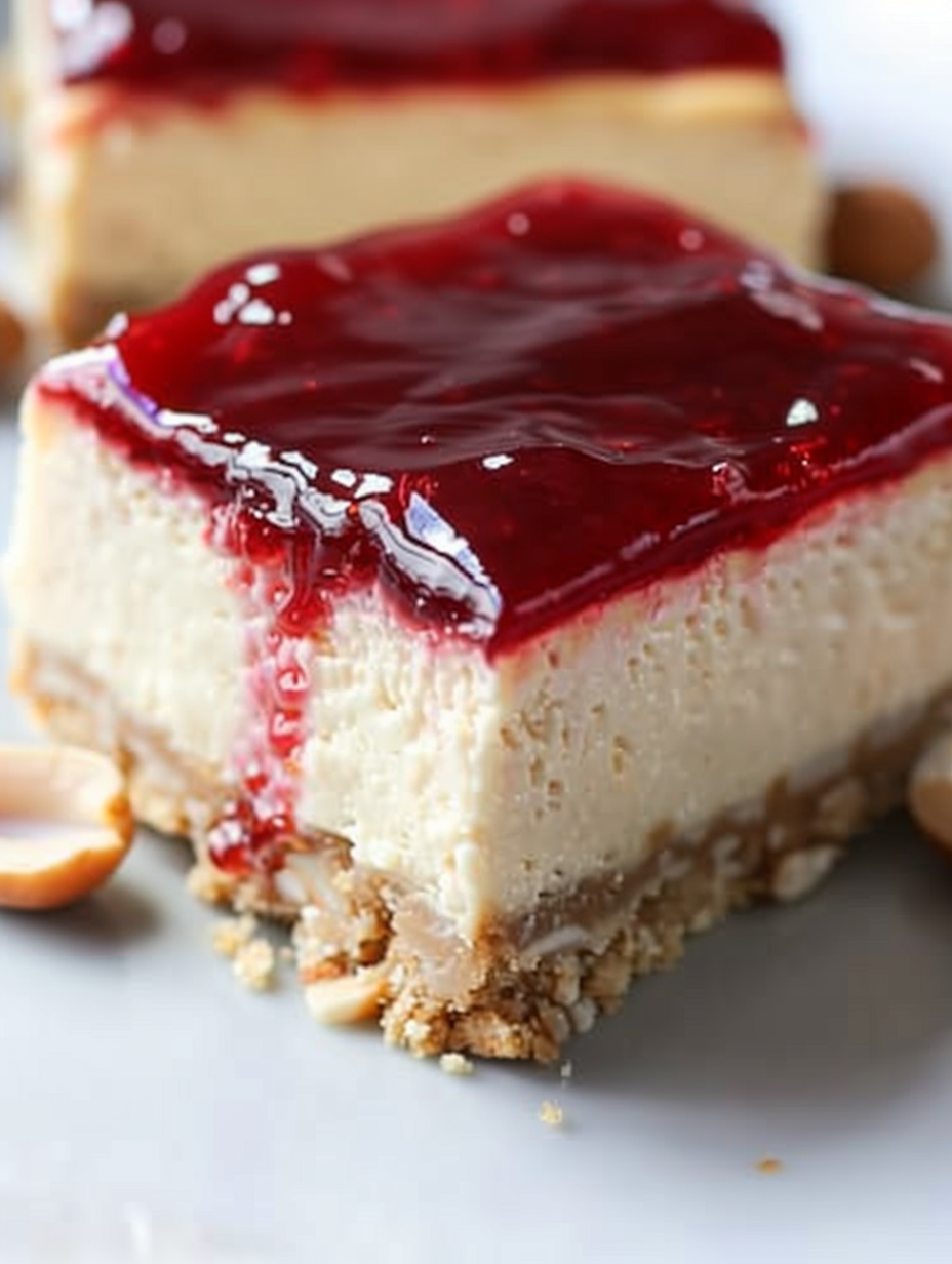 Peanut Butter and Jelly Cheesecake Bars in pan