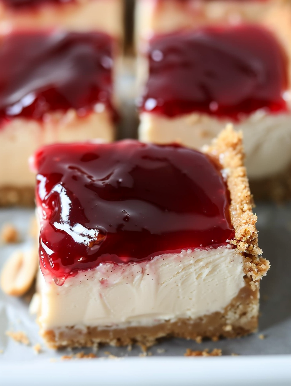Close-up of a sliced peanut butter and jelly cheesecake bar