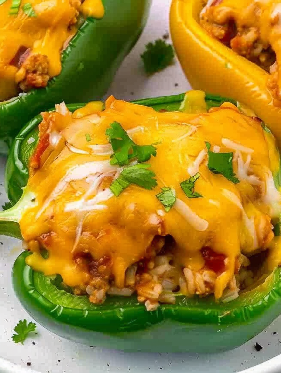 Closeup of baked chicken stuffed bell peppers with melted cheese