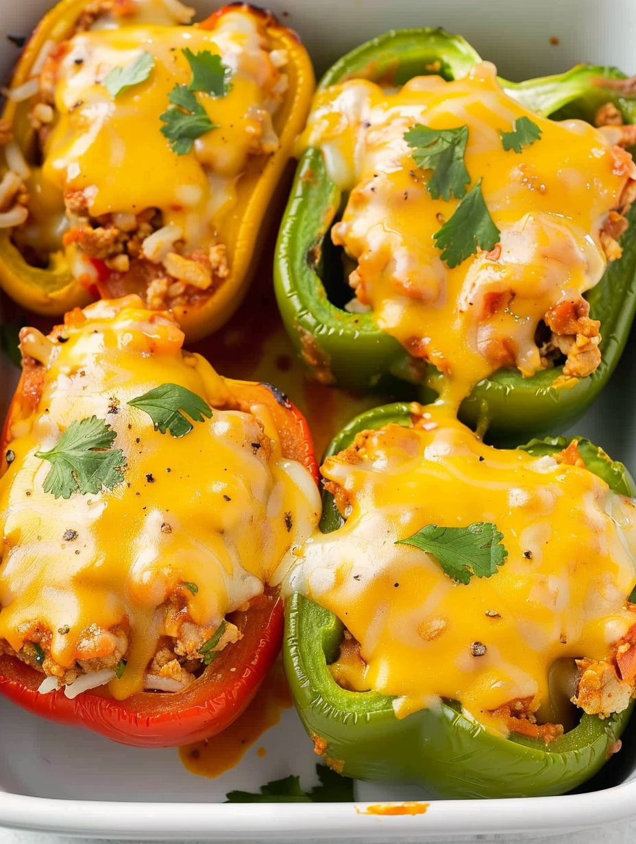 Tray of colorful stuffed peppers ready to bake