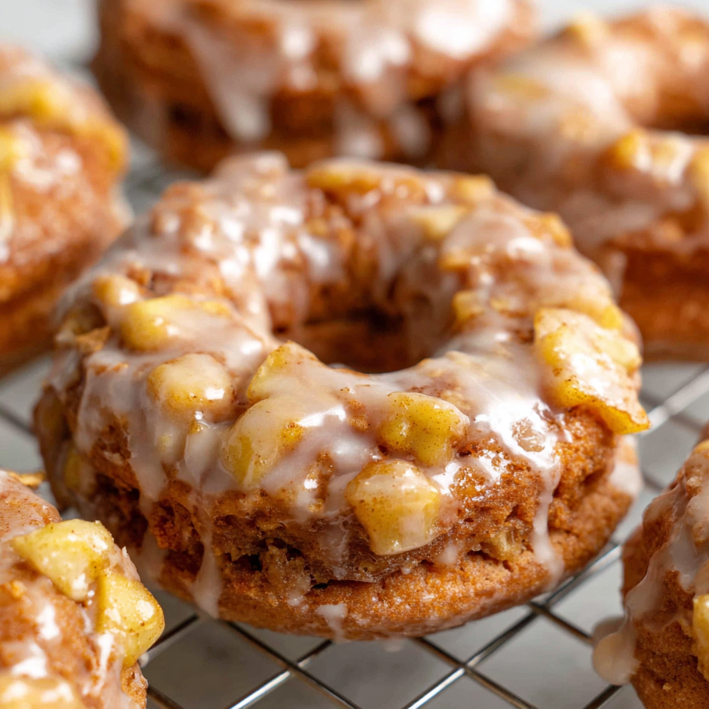 Freshly fried apple cider donuts cooling on a wire rack before glazing