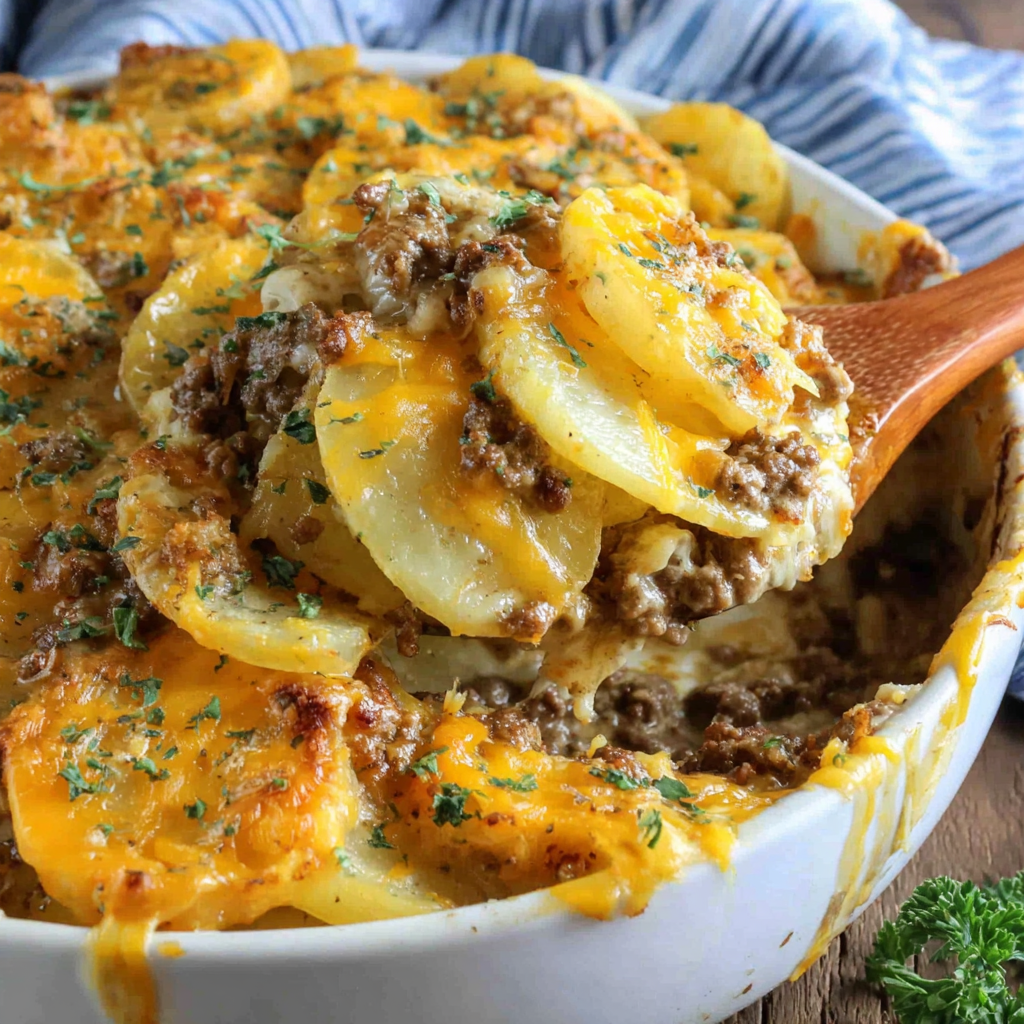 Layering potatoes, beef, and creamy cheddar sauce in a skillet