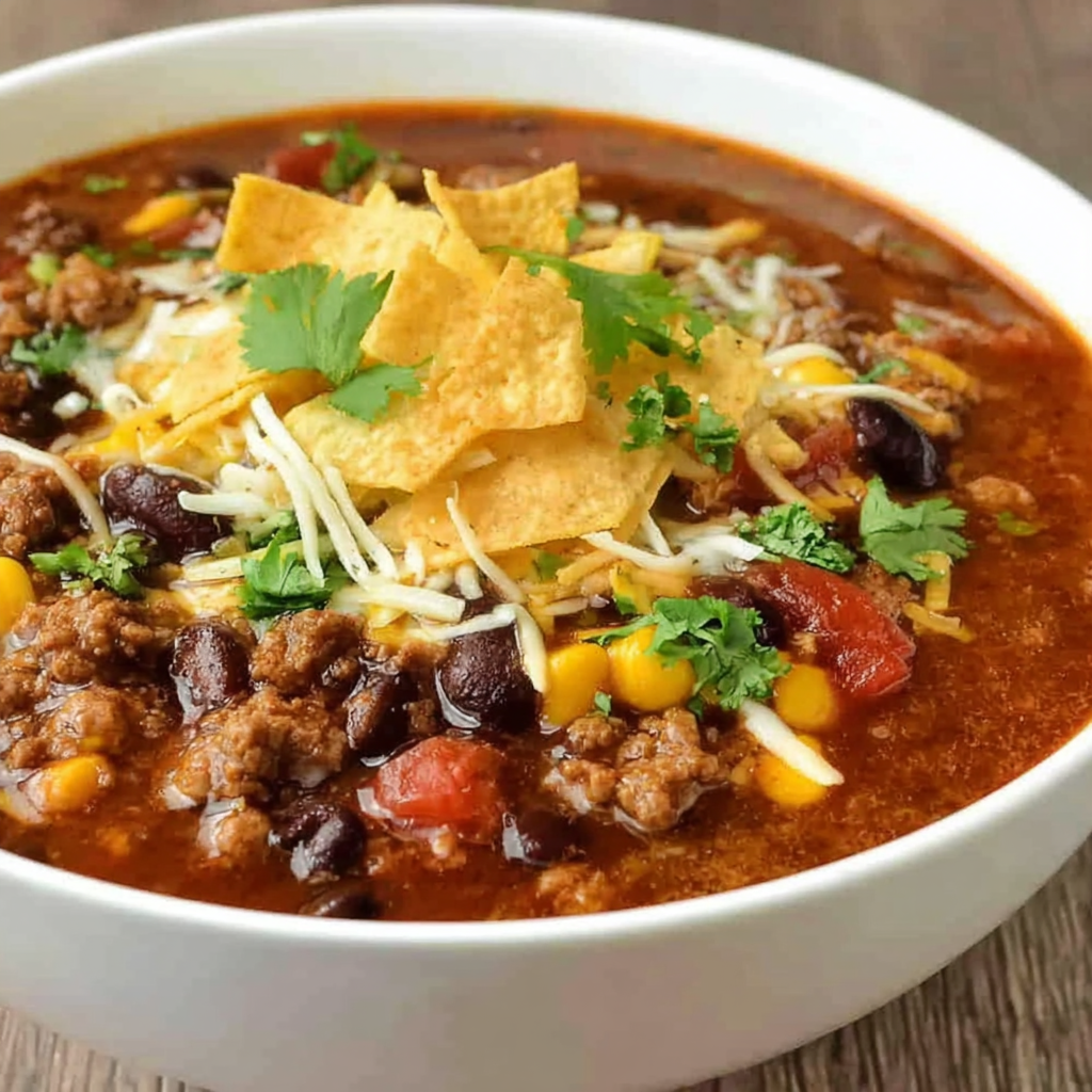 Bowls of taco chili with assorted toppings like cheese, sour cream, and cilantro