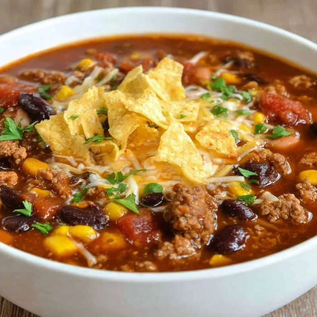 Close-up of simmering taco chili in a Dutch oven