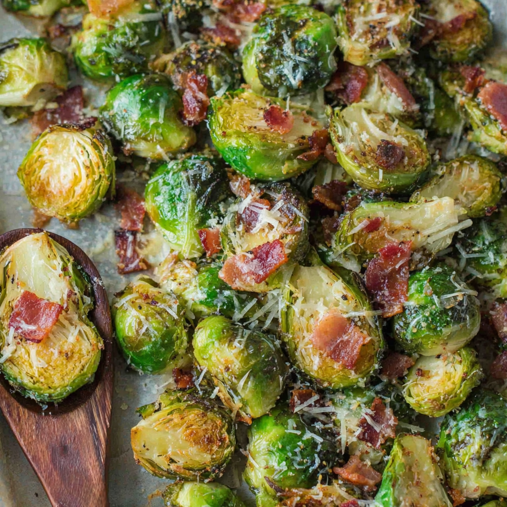 Close-up of caramelized Brussels sprouts with melted Parmesan