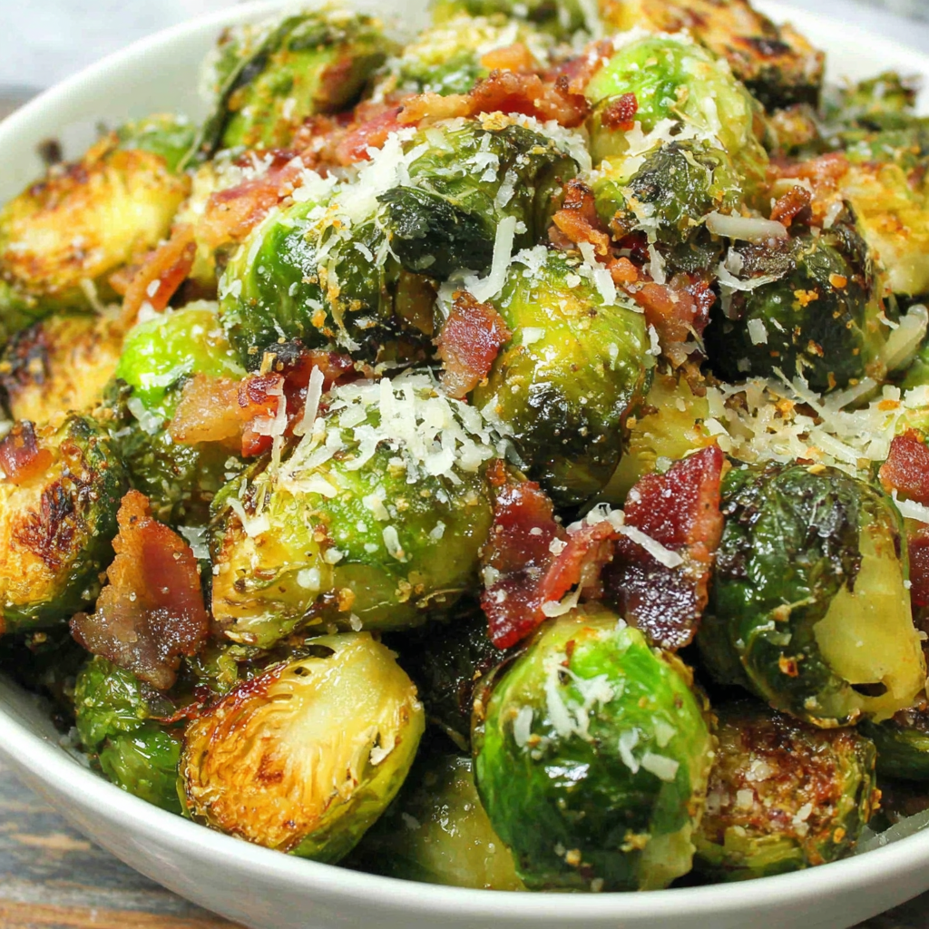Serving platter of roasted Brussels sprouts with bacon and Parmesan on a table