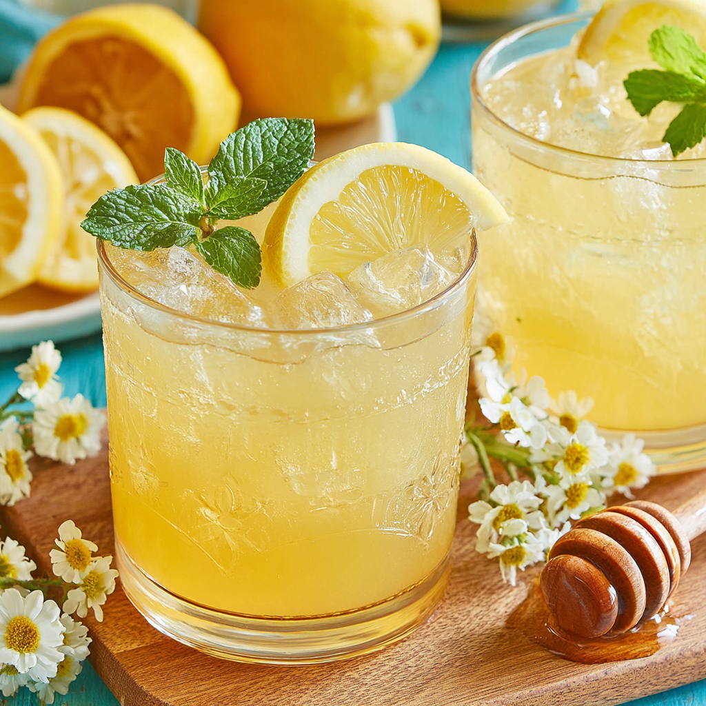 Pitcher of fresh honey lemonade with lemon slices and mint