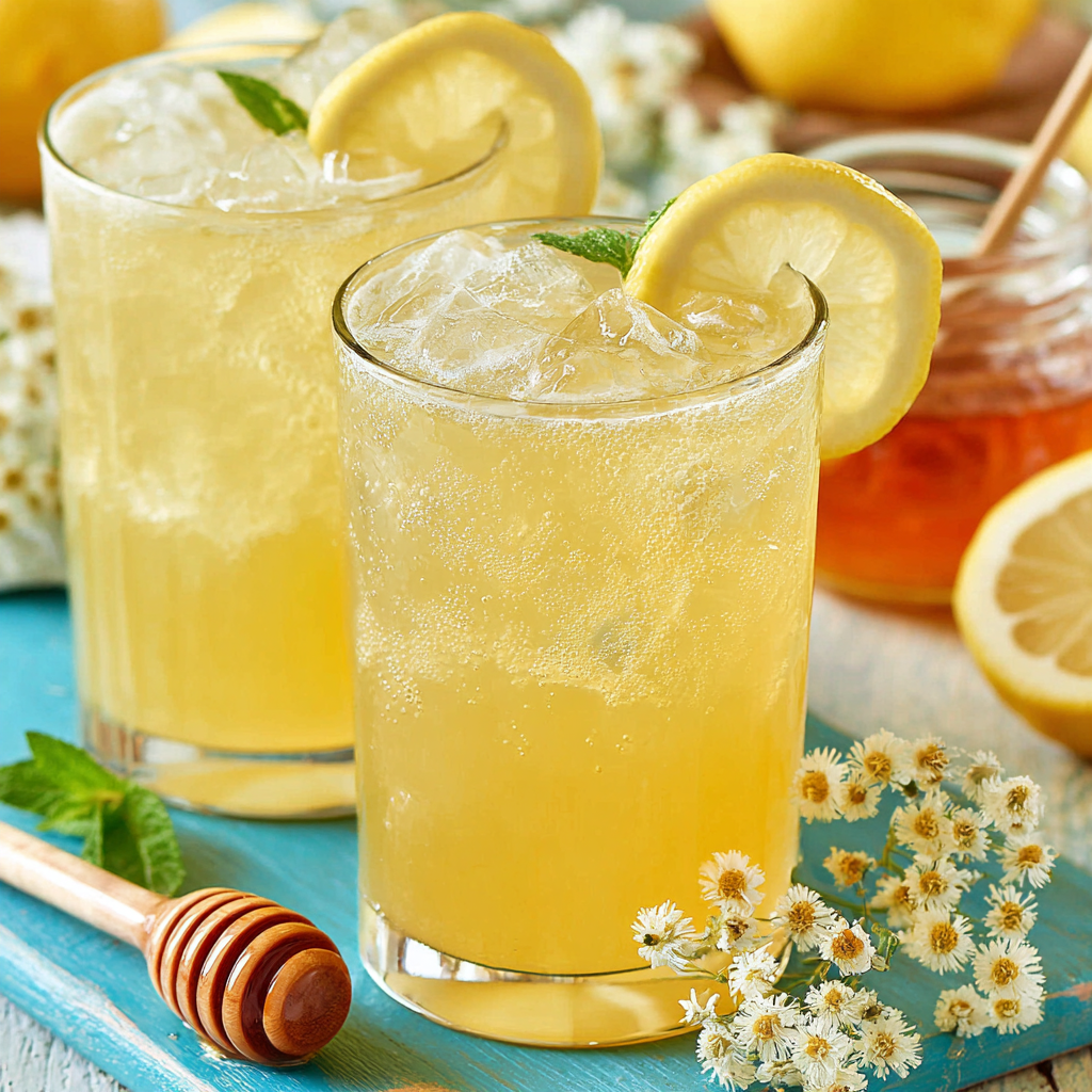 Close-up of honey drizzle and lemons for lemonade preparation