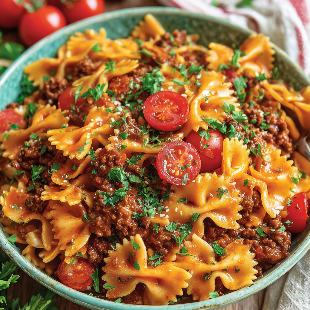 Bowl of Turkish pasta topped with garlicky yogurt, paprika beef, and parsley
