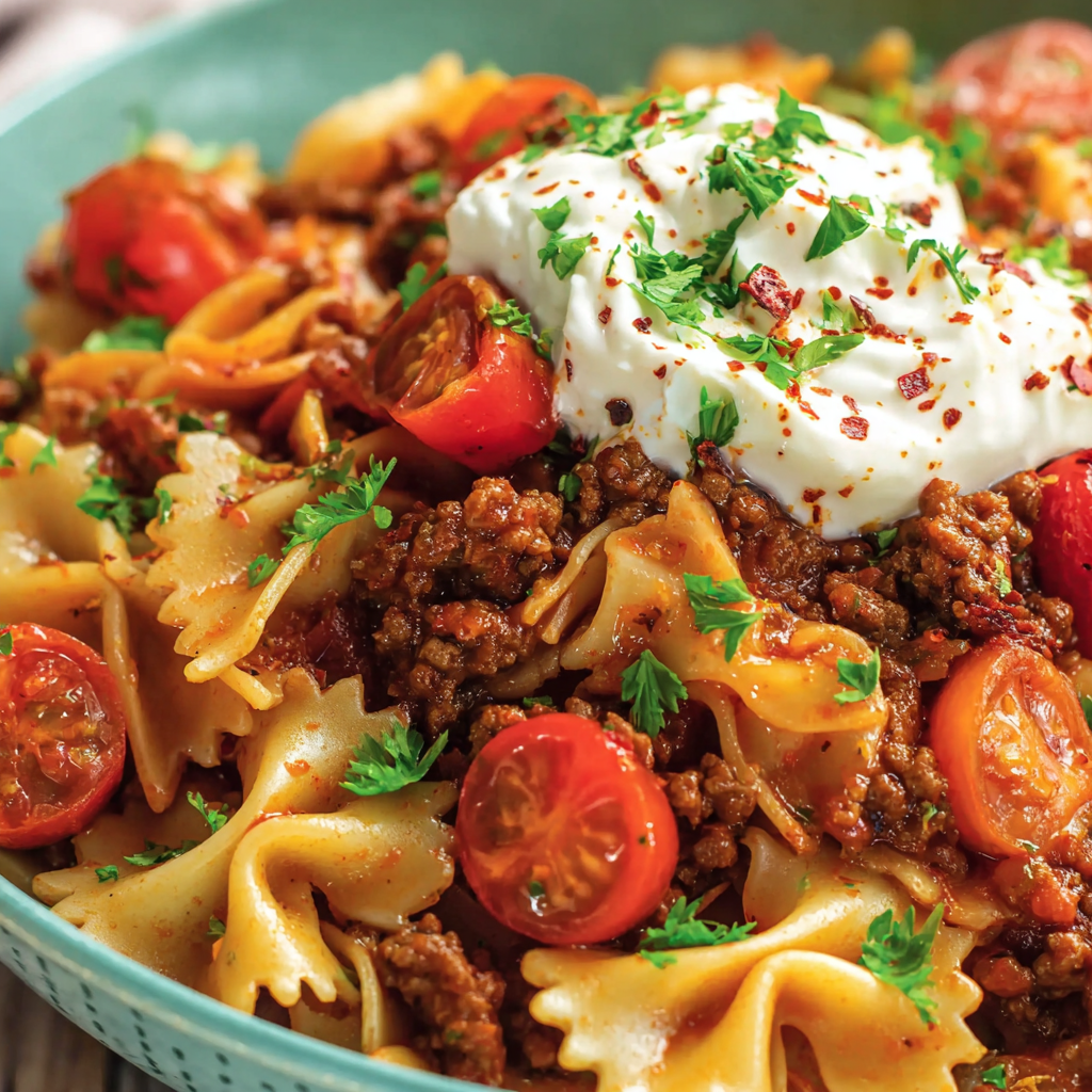 Close-up of paprika butter being drizzled over pasta with yogurt and beef
