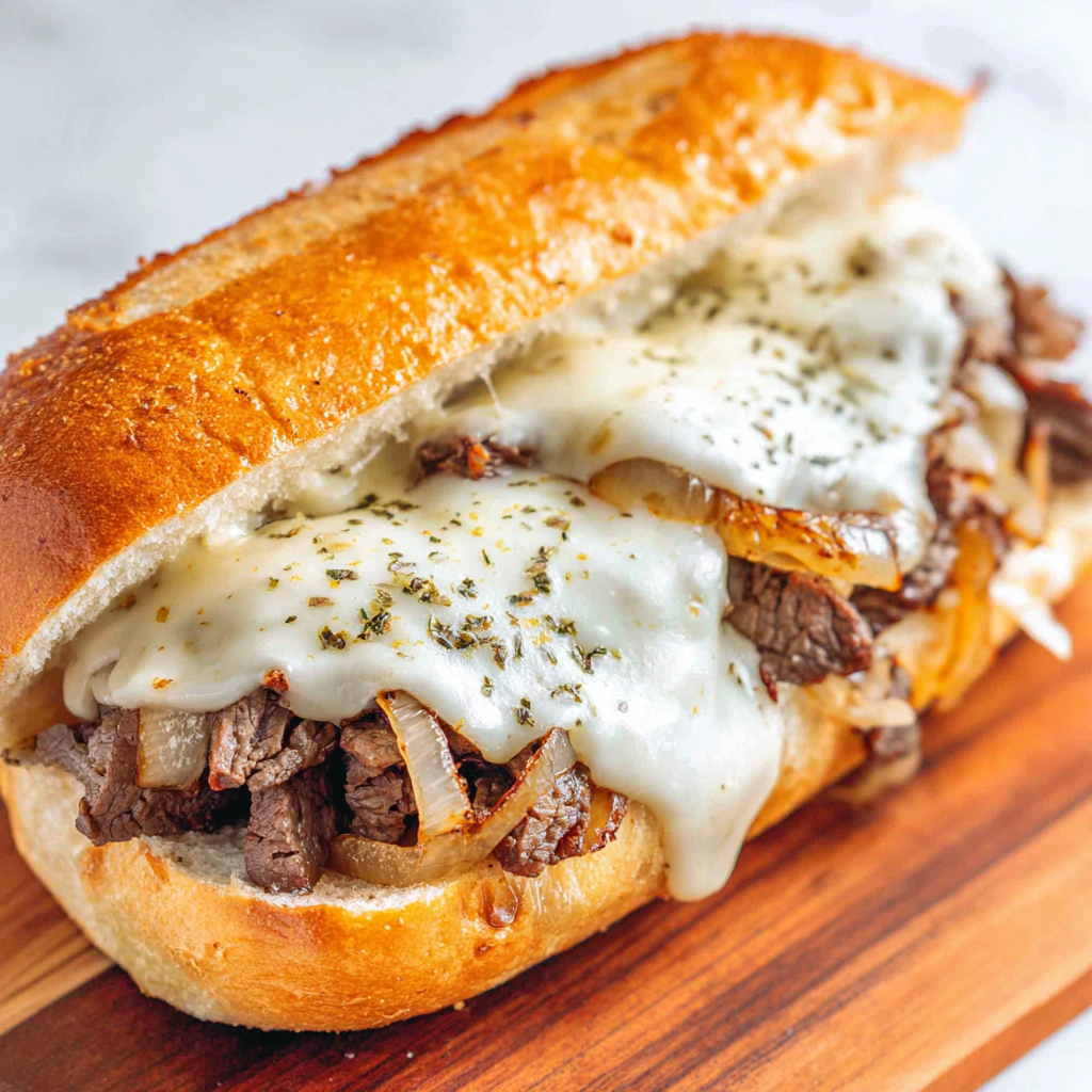Close-up of thinly sliced ribeye and onions searing on a griddle for cheesesteaks