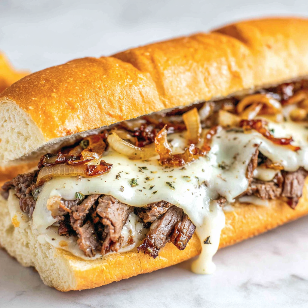 Assembled Philly cheesesteaks lined up on a board with melted provolone and toasted rolls