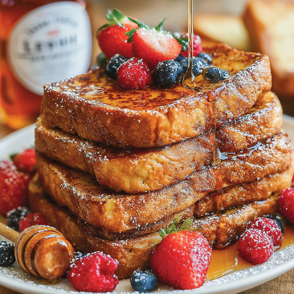 Stack of French toast topped with berries and powdered sugar